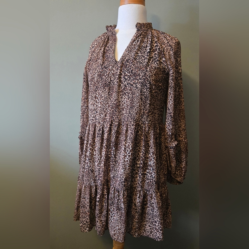 1.STATE Leopard Print Tiered Babydoll Long Sleeve Dress